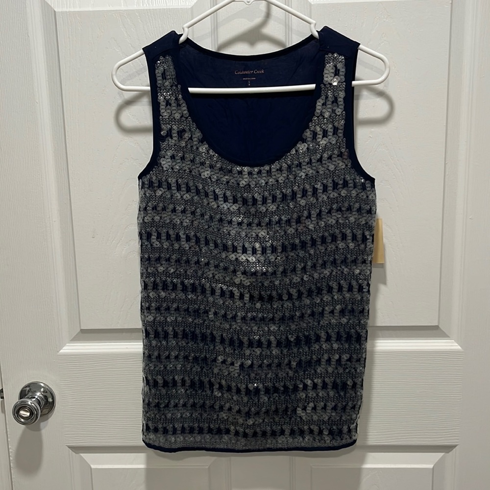 Navy blue tank with clear sequins on the front!  New - with tags!
